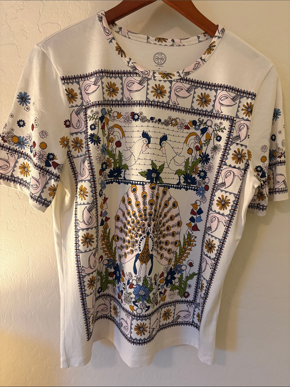 Tory Burch White Tee with Multicolor Peacock & Floral Print